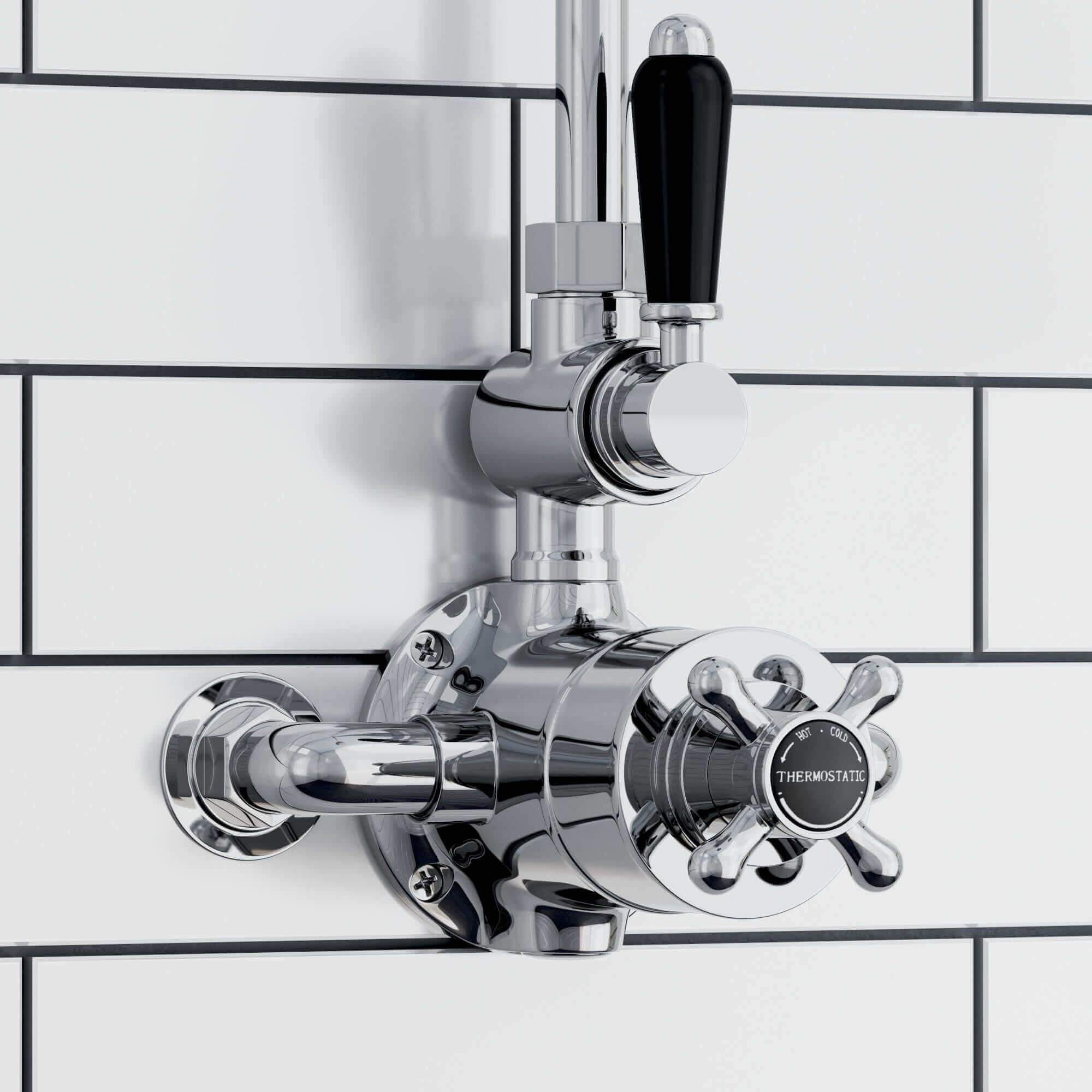Buy Downton traditional twin thermostatic shower valve top outlet - chrome & black Online UK | HOUSE OF ENKI